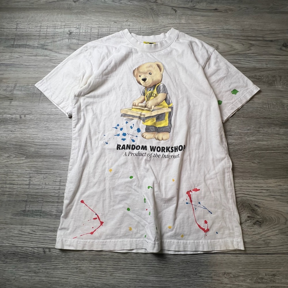 Market Random Workshop T-Shirt‎ Mens Small White Paint Splatter Bear Graphic Tee